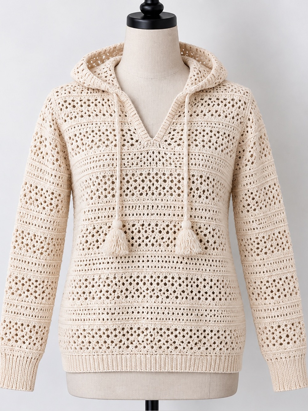 Roxy Hippie Love Solid Crochet Hooded Sweater NWT Size S Cream